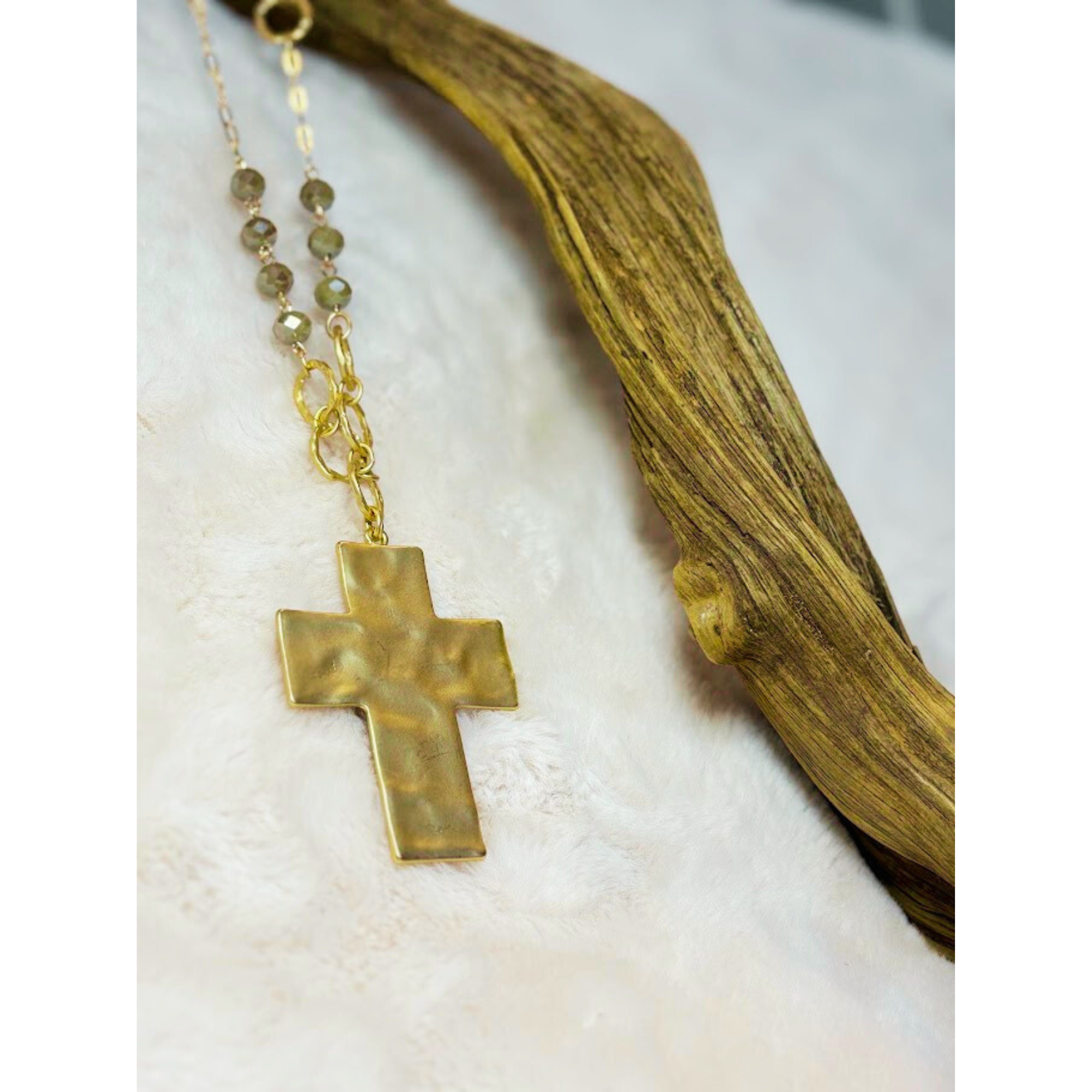 28 inch beaded necklace with hammered cross pendant