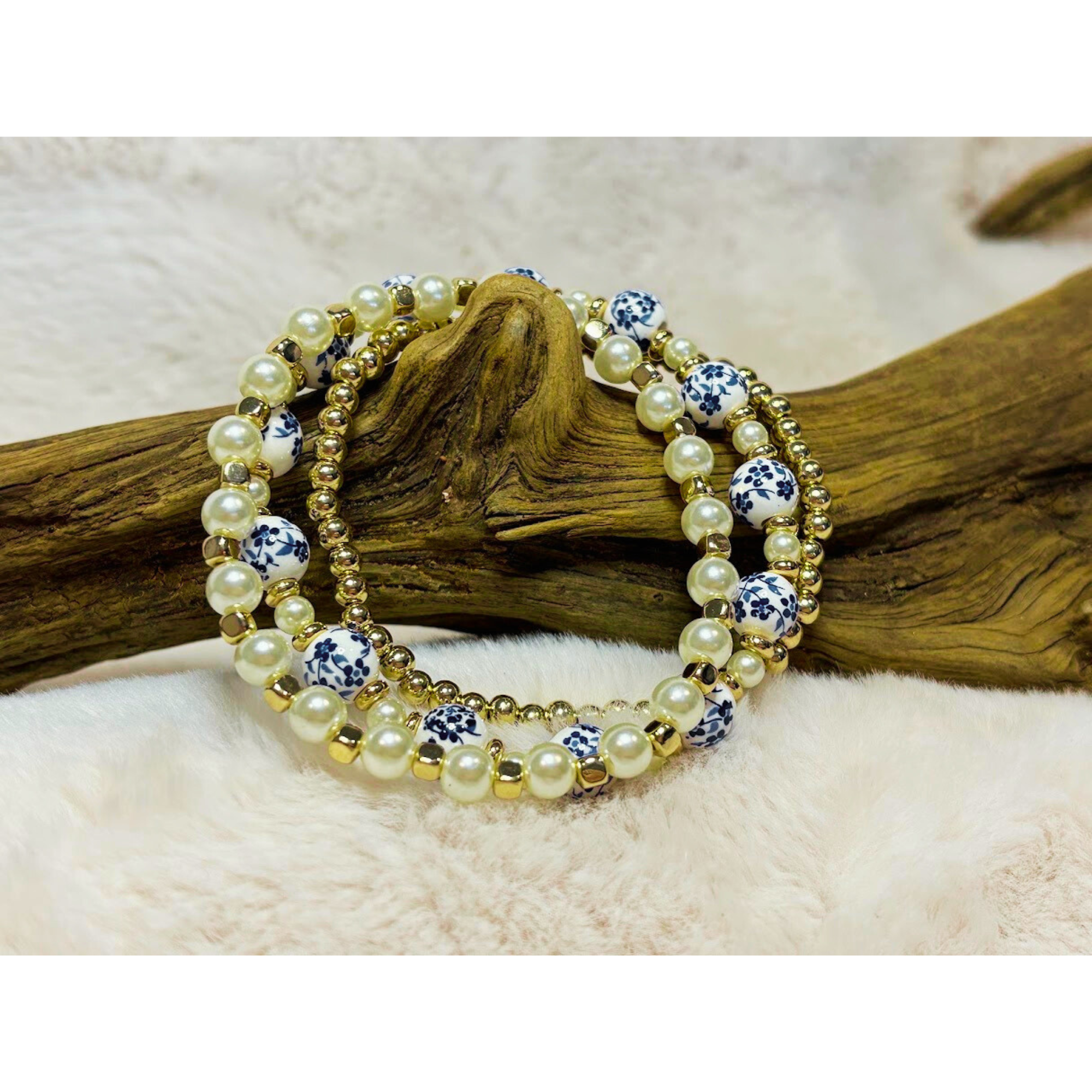 Cottage Core bead, gold bead and pearl stretch bracelet set