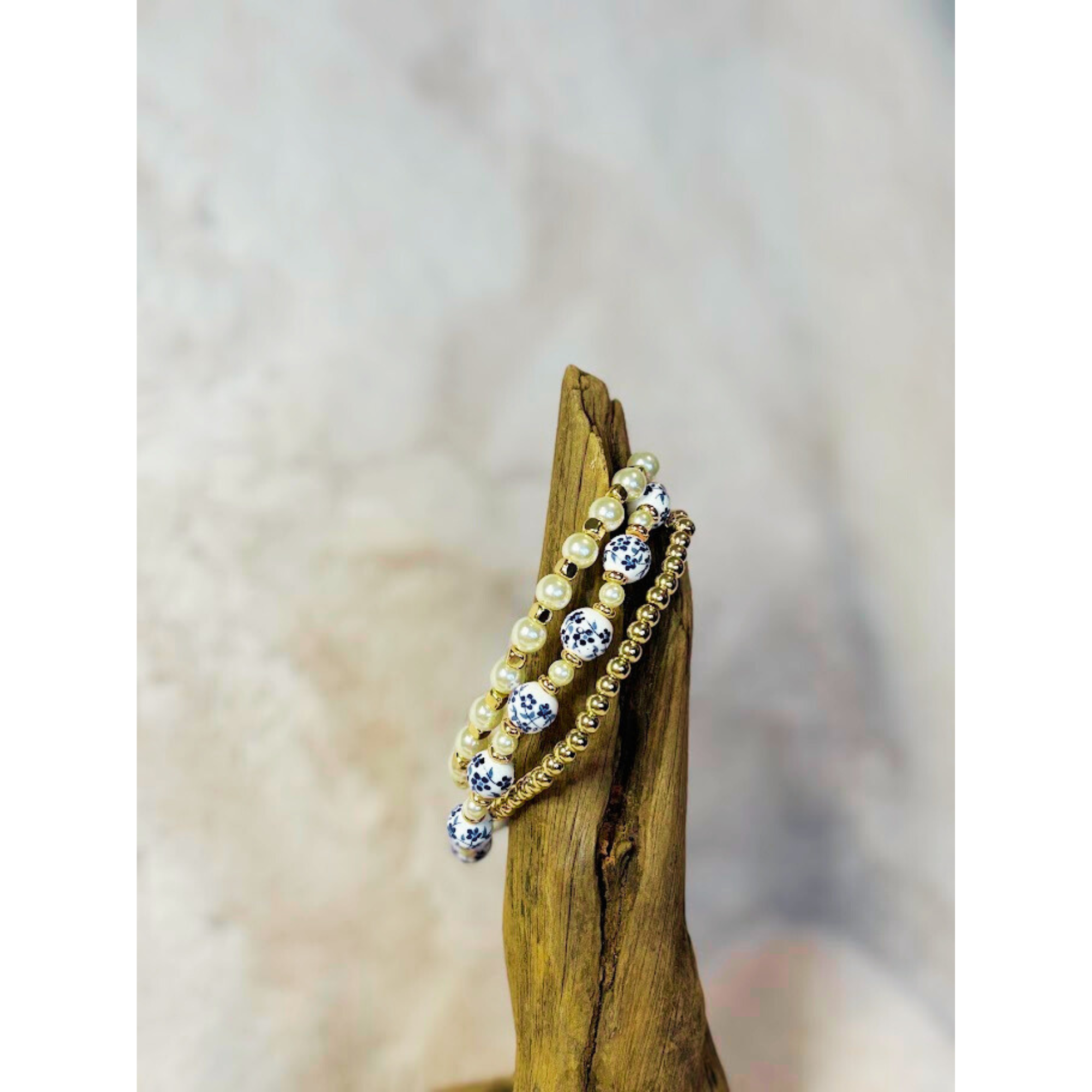 Cottage Core bead, gold bead and pearl stretch bracelet set