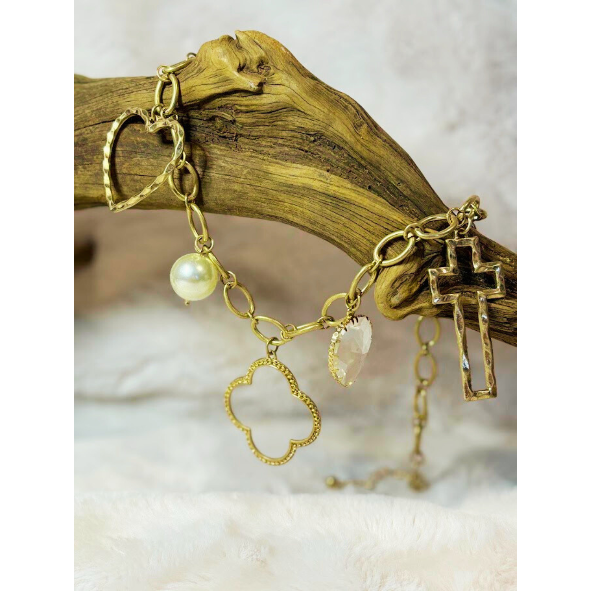 17 inch gold necklace with pearl, heart, clover and cross charms