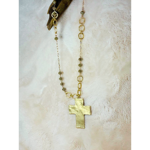 28 inch beaded necklace with hammered cross pendant