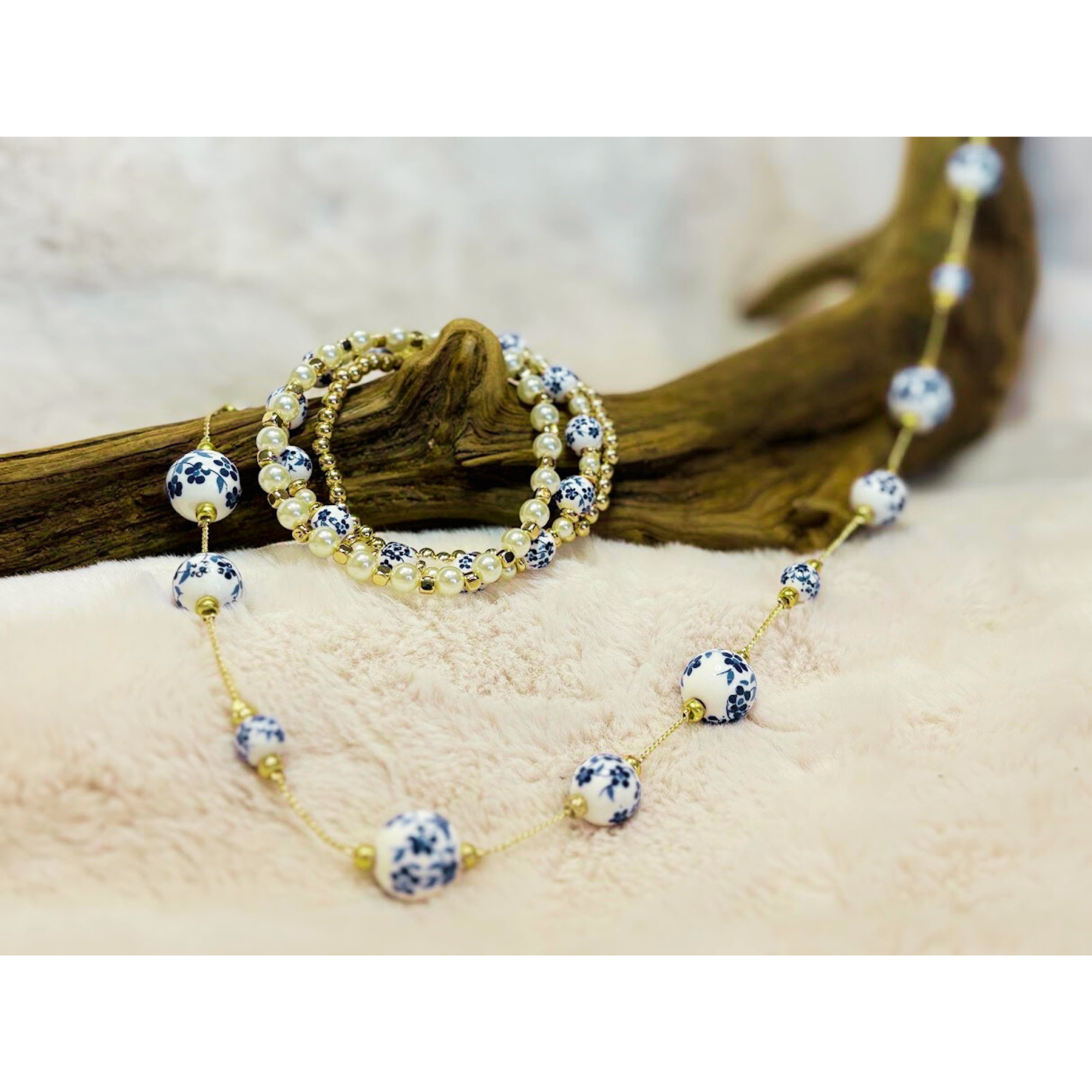 Cottage Core bead, gold bead and pearl stretch bracelet set