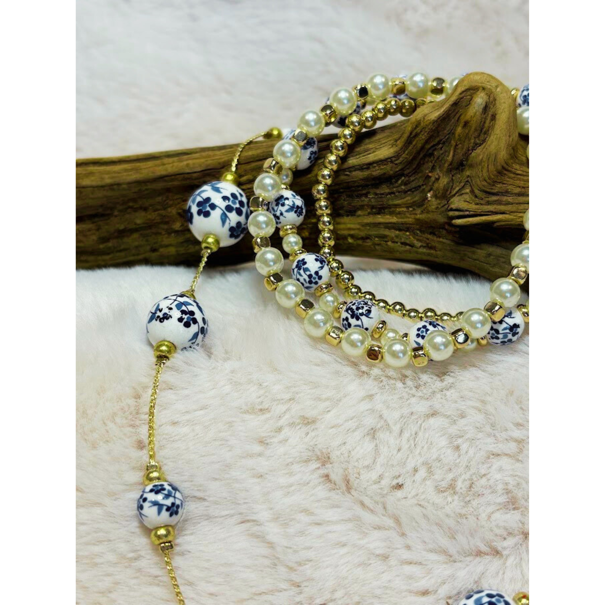 33 inch gold tone necklace with white and blue cottage core beads
