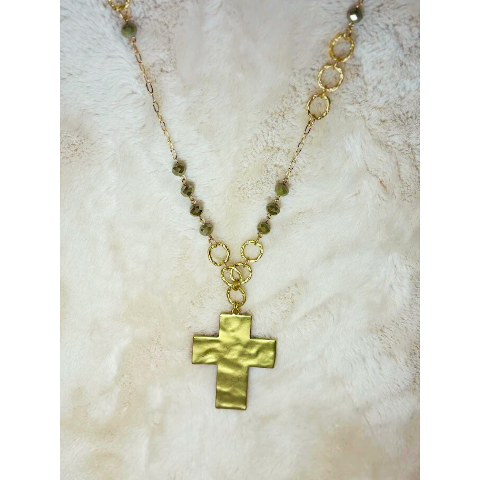 28 inch beaded necklace with hammered cross pendant