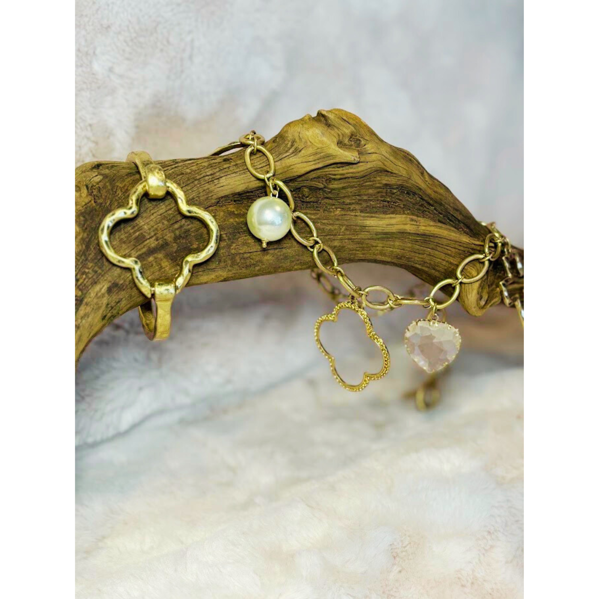 17 inch gold necklace with pearl, heart, clover and cross charms