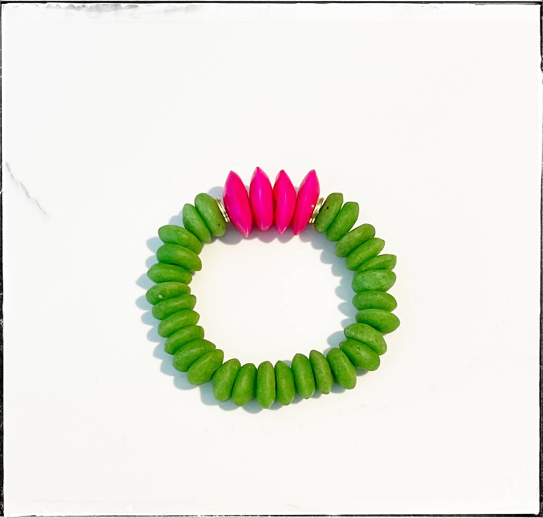 Ashanti & Pink African Bone Bead Stretch Bracelet- Green