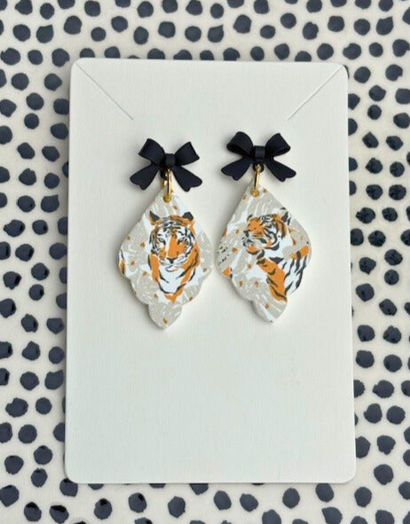 Tiger Dangle Earrings with Black Bow