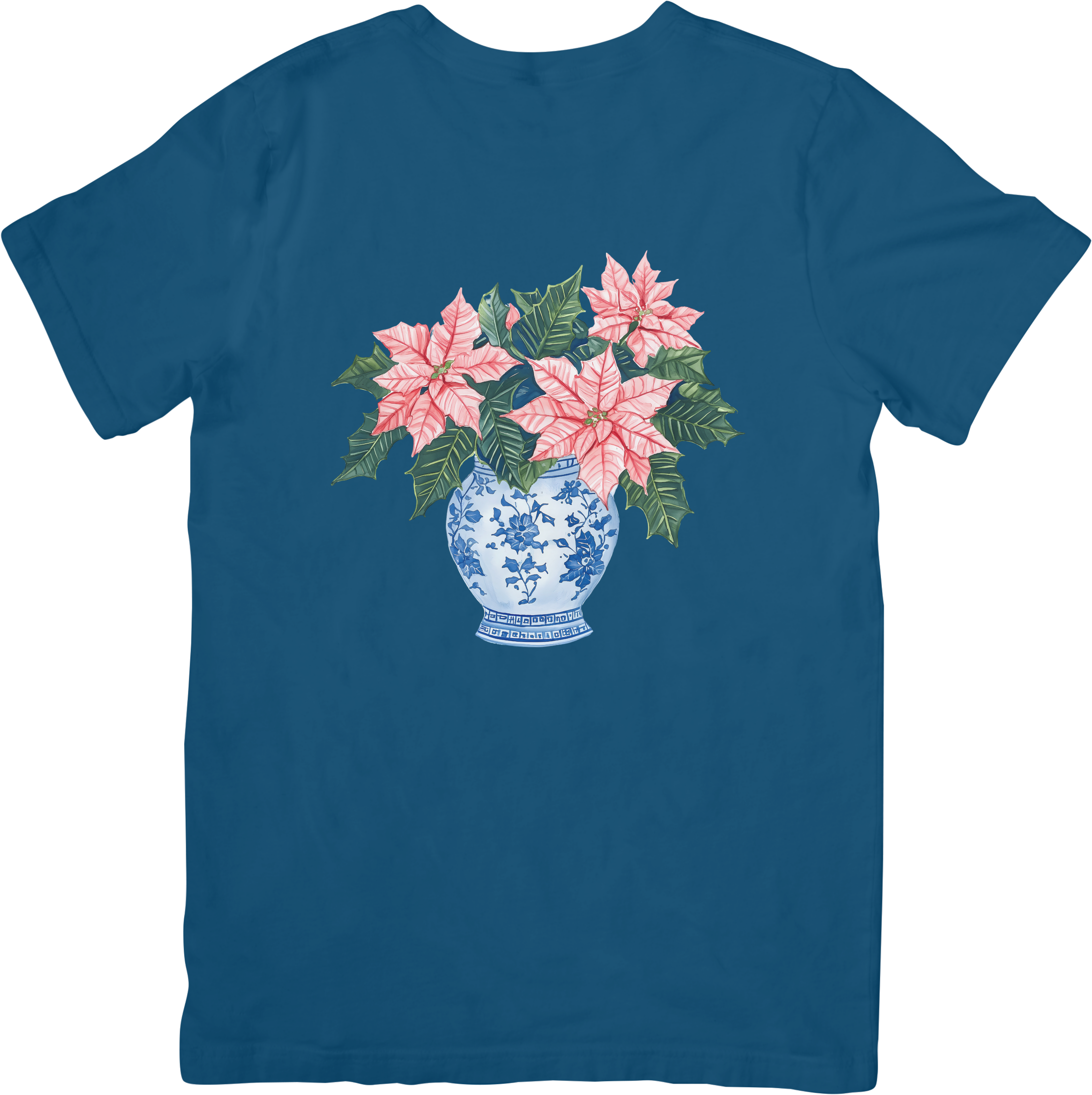 Christmas Chinoiserie Blue and Pink Poinsettia