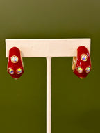 Chunky Pearl Embellished Enamel Hoop Red Earrings