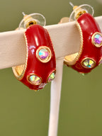 Chunky Pearl Embellished Enamel Hoop Red Earrings