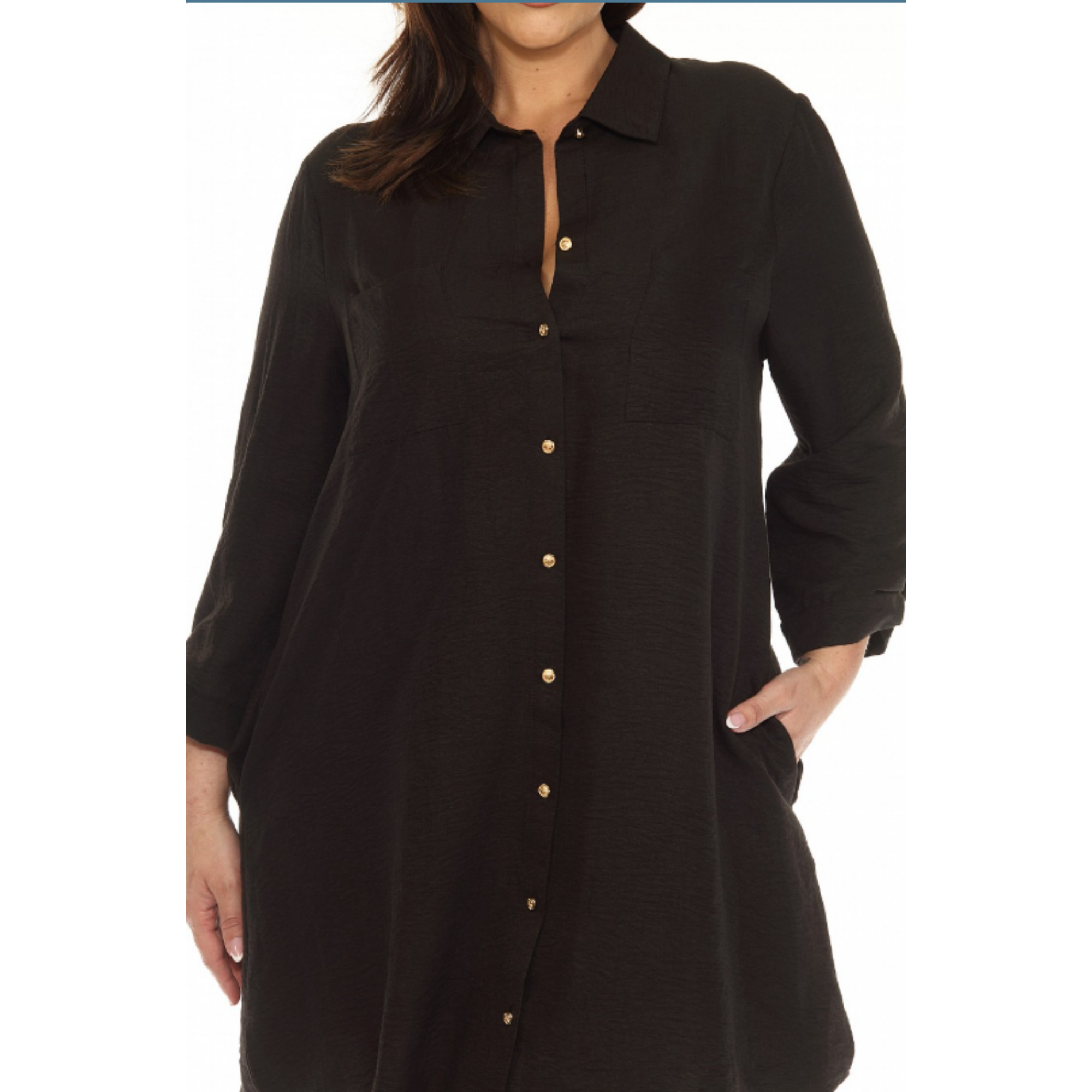 Black Button Down Dress with Gold Metal Hardware.