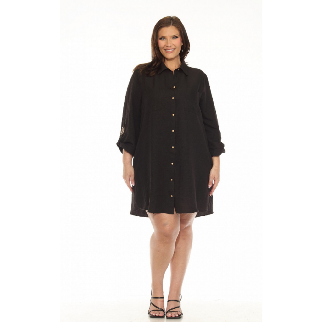 Black Button Down Dress with Gold Metal Hardware.