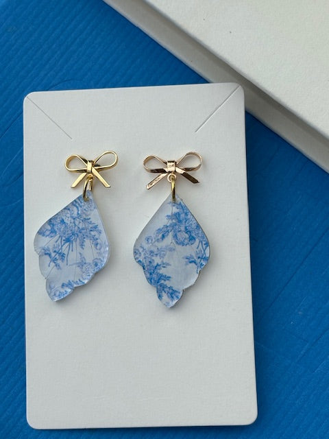 Blue Chinoiserie Drop Earrings with gold bow