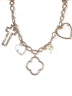 17 inch gold necklace with pearl, heart, clover and cross charms