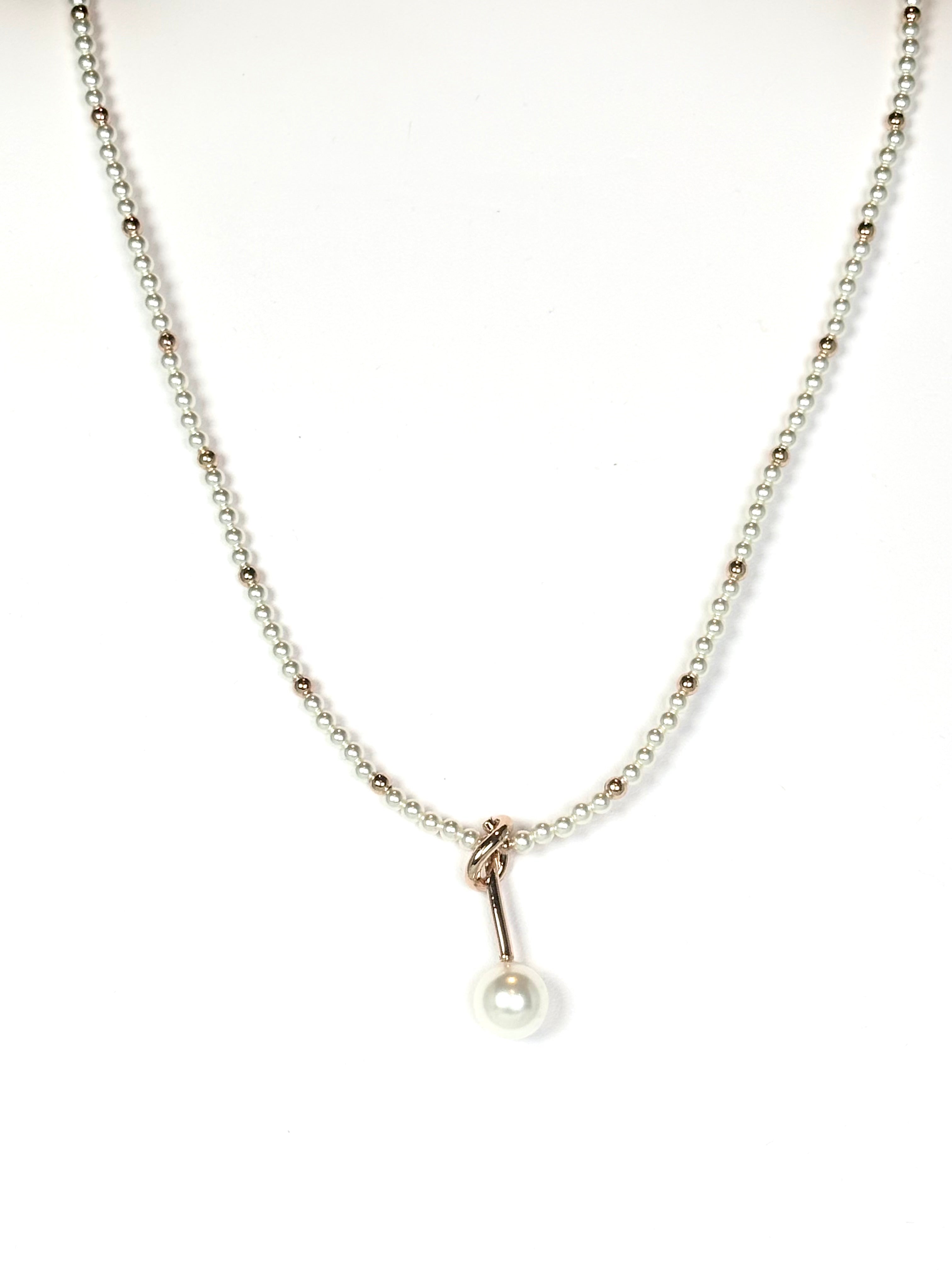 Pearl and Gold Beads Necklace with Gold Knot and Pearl Pendant