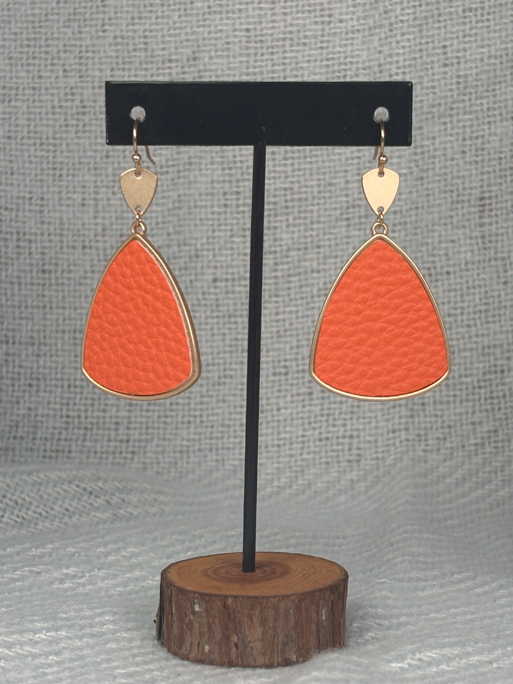 Gold dangle with orange leather drop earrings