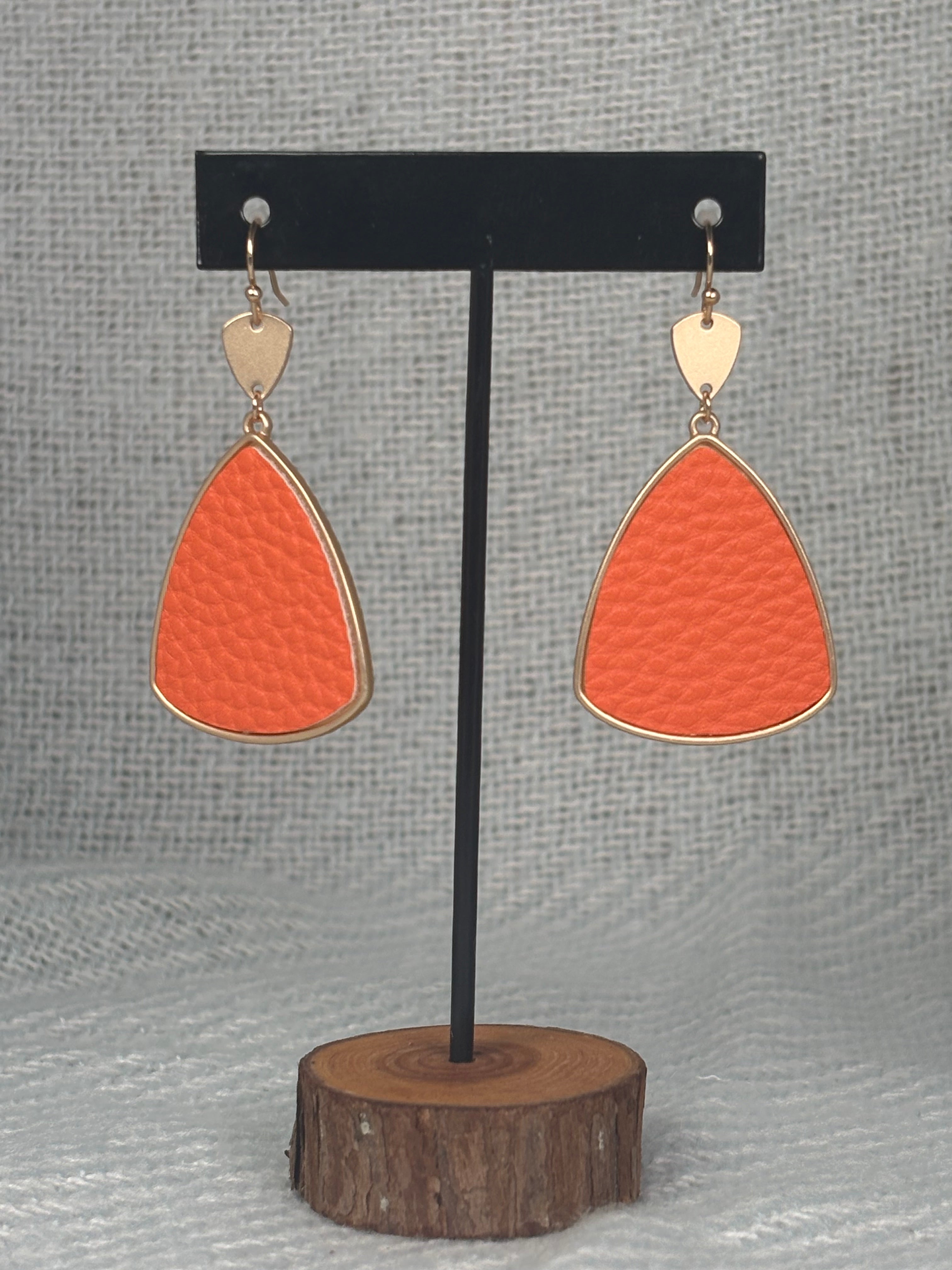Gold dangle with orange leather drop earrings