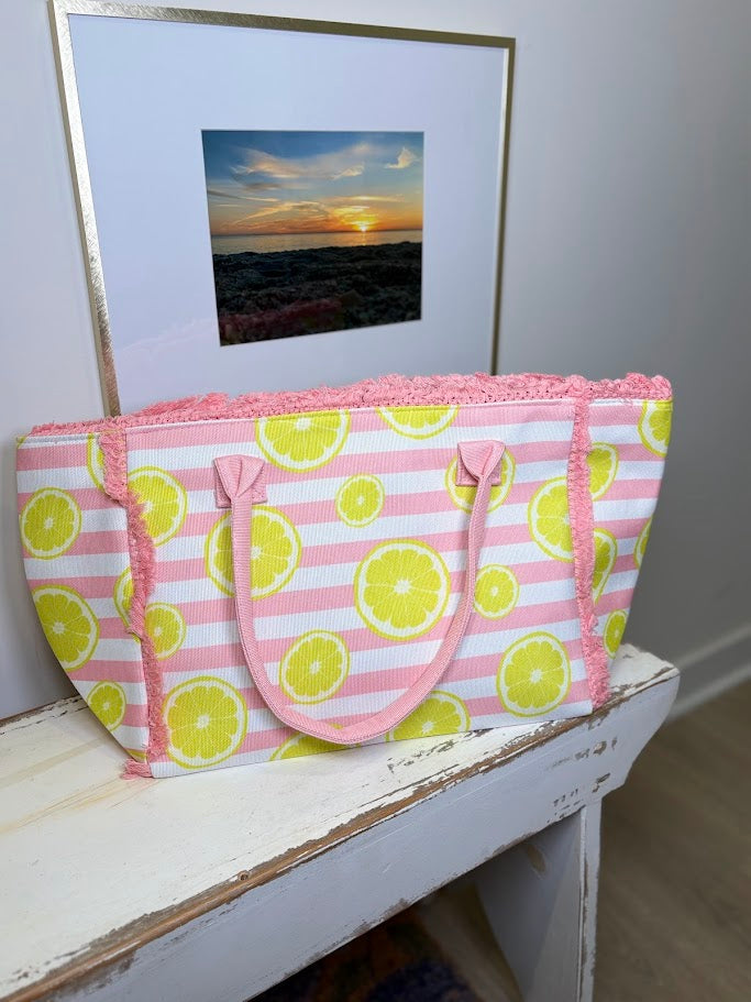 Lemon Pink and White Striped Tote