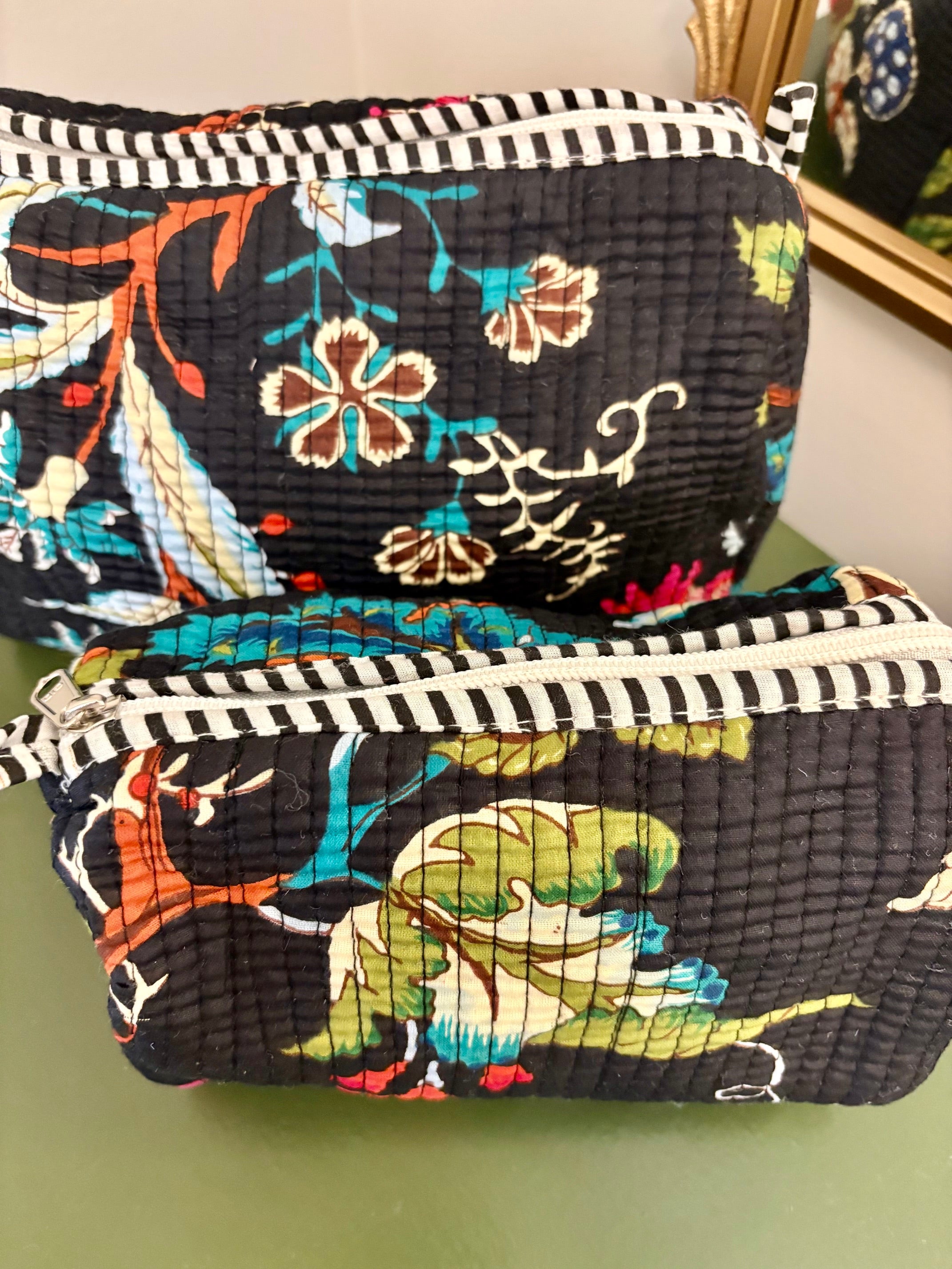Quilted Black Floral Cosmetic Bags