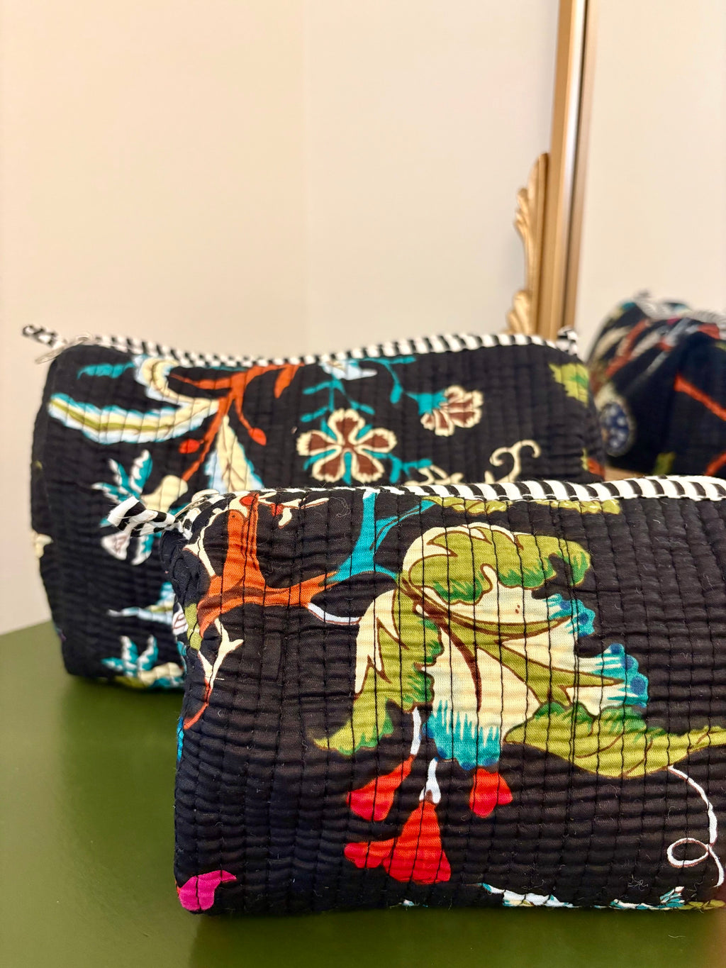 Quilted Black Floral Cosmetic Bags
