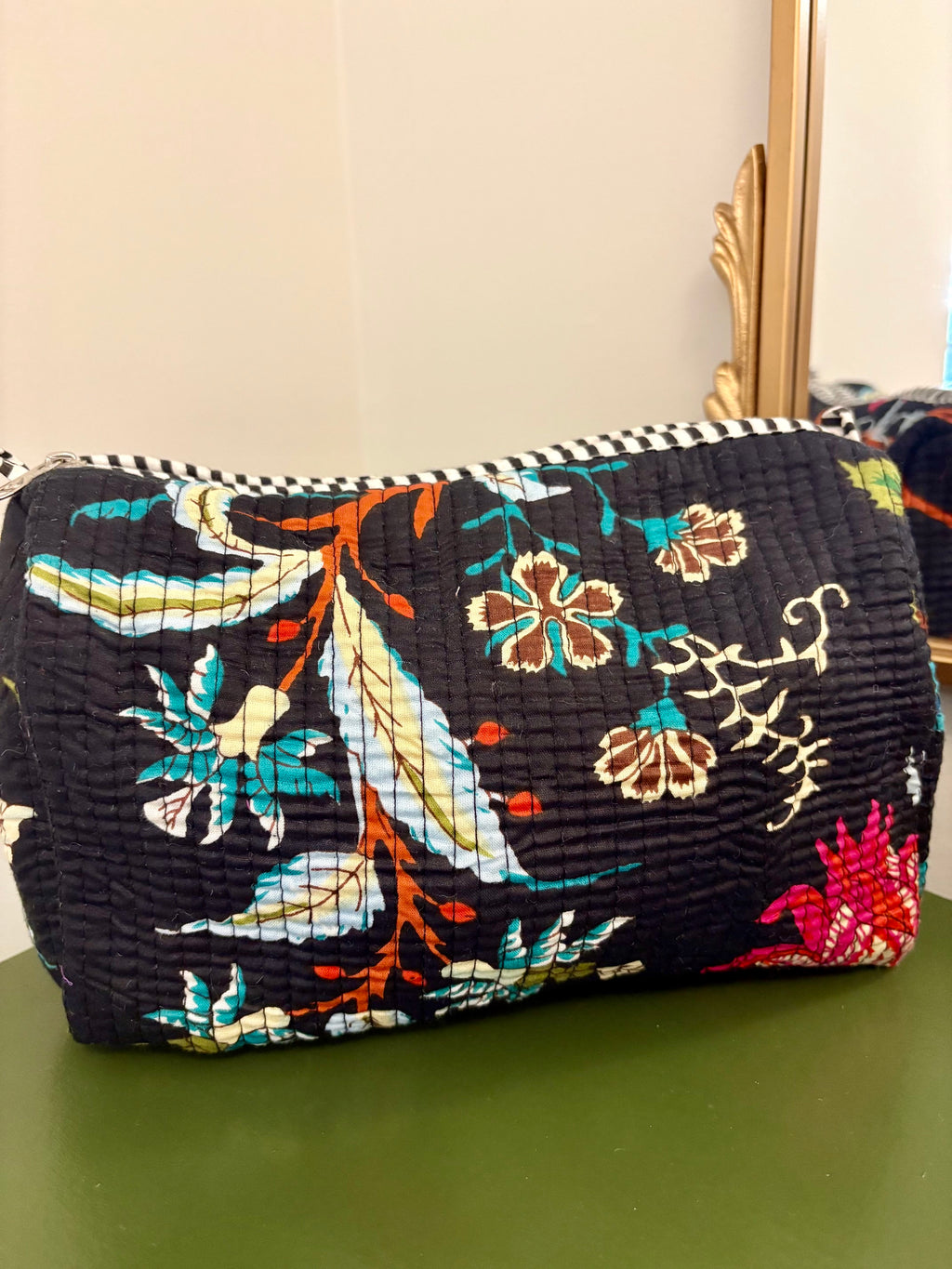 Quilted Black Floral Cosmetic Bags