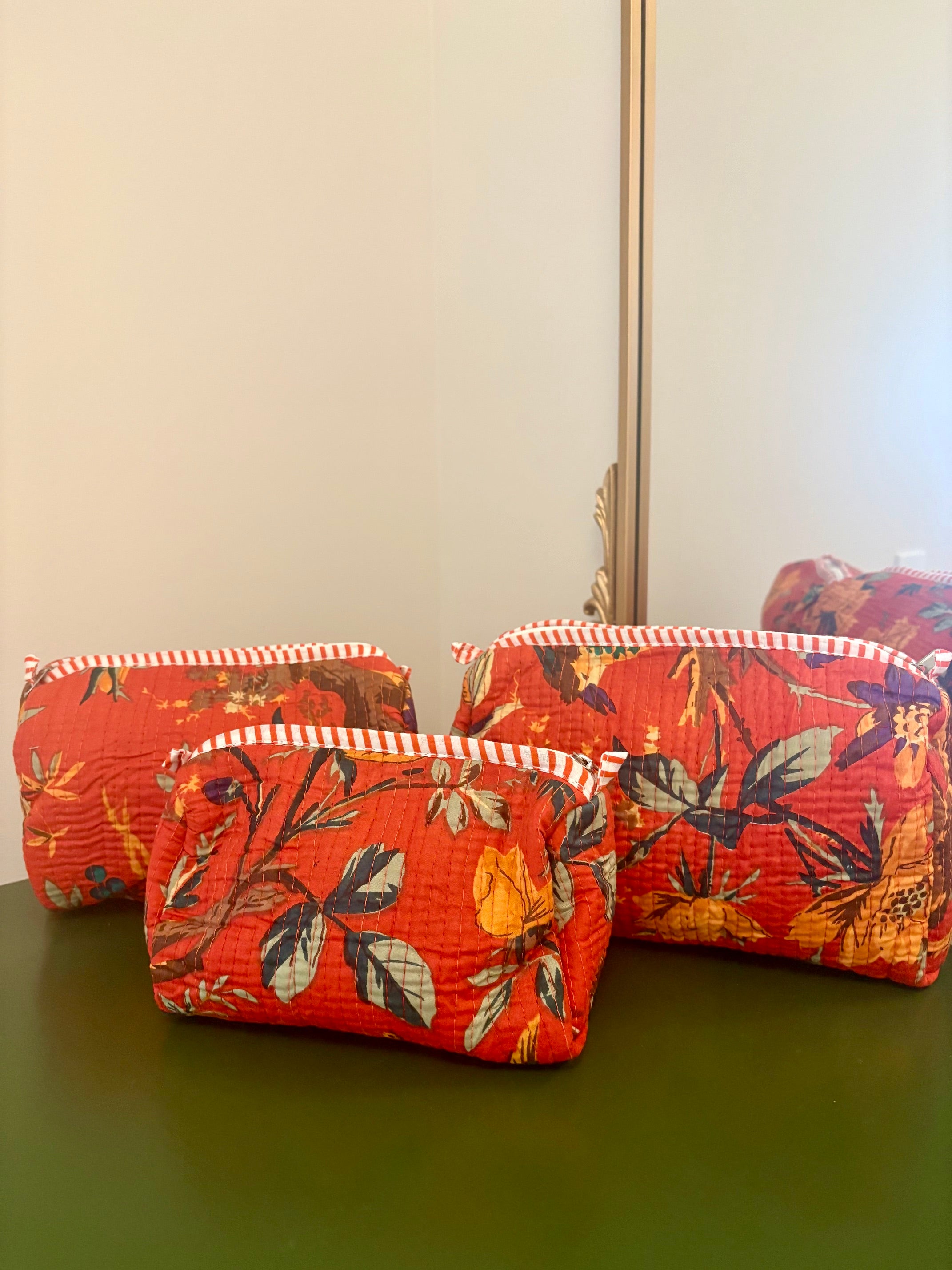 Quilted Burnt Orange Bird Garden Cosmetic Bags