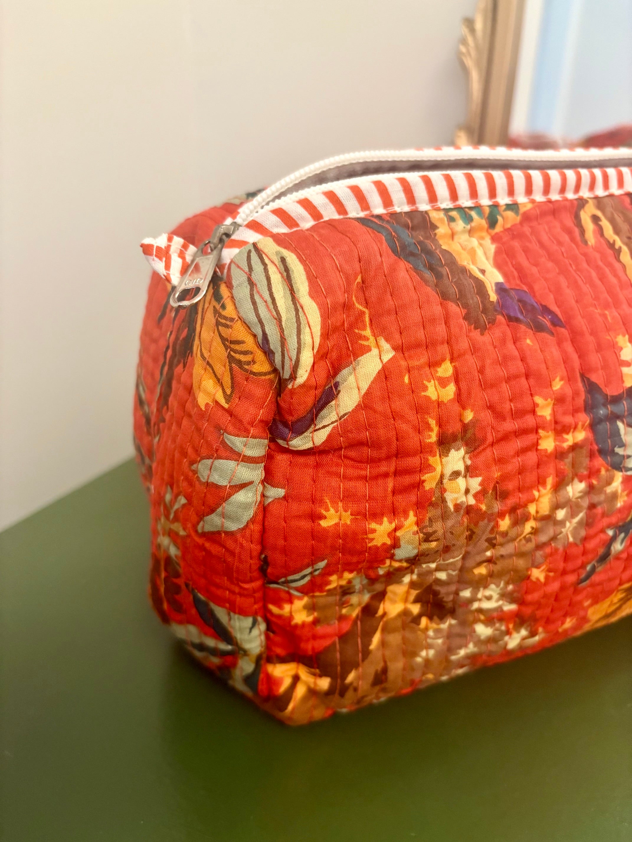 Quilted Burnt Orange Bird Garden Cosmetic Bags