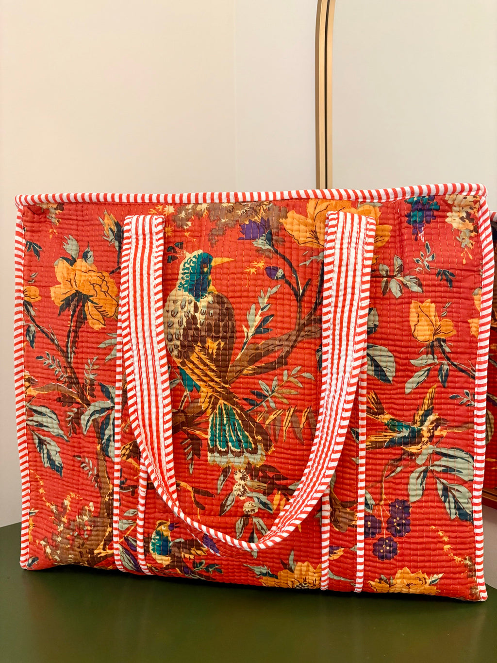 Quilted Burnt Orange Bird Garden Tote Bag