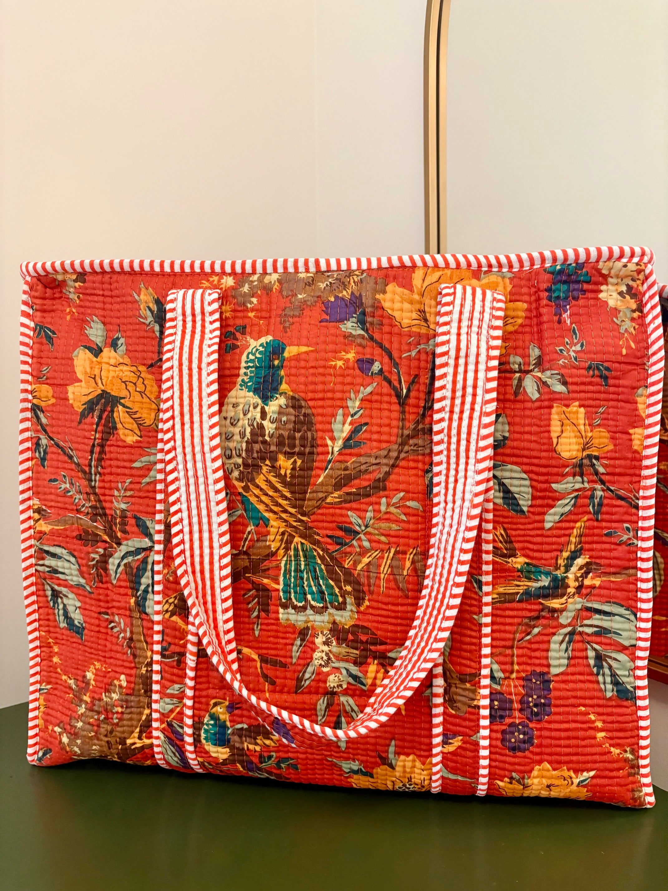 Quilted Burnt Orange Bird Garden Tote Bag