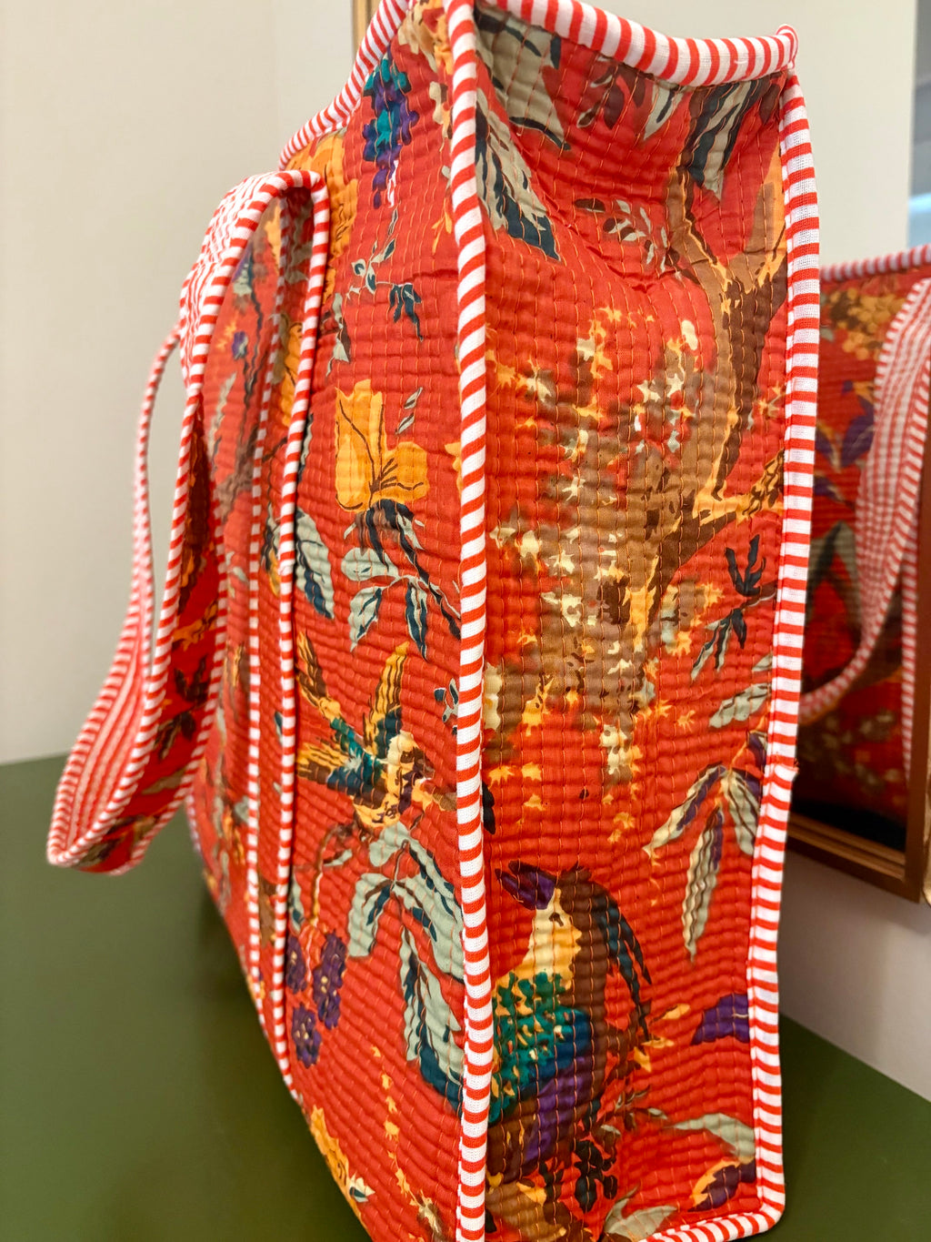 Quilted Burnt Orange Bird Garden Tote Bag