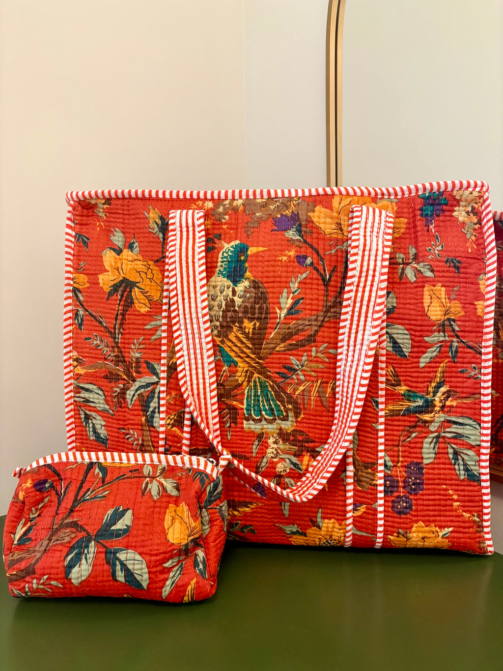 Quilted Burnt Orange Bird Garden Tote Bag