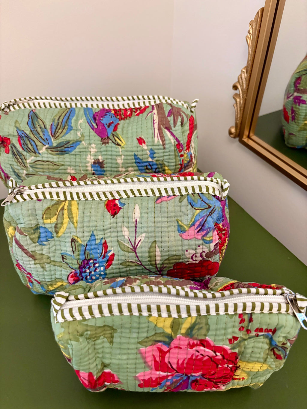 Quilted Green Floral Cosmetic Bags