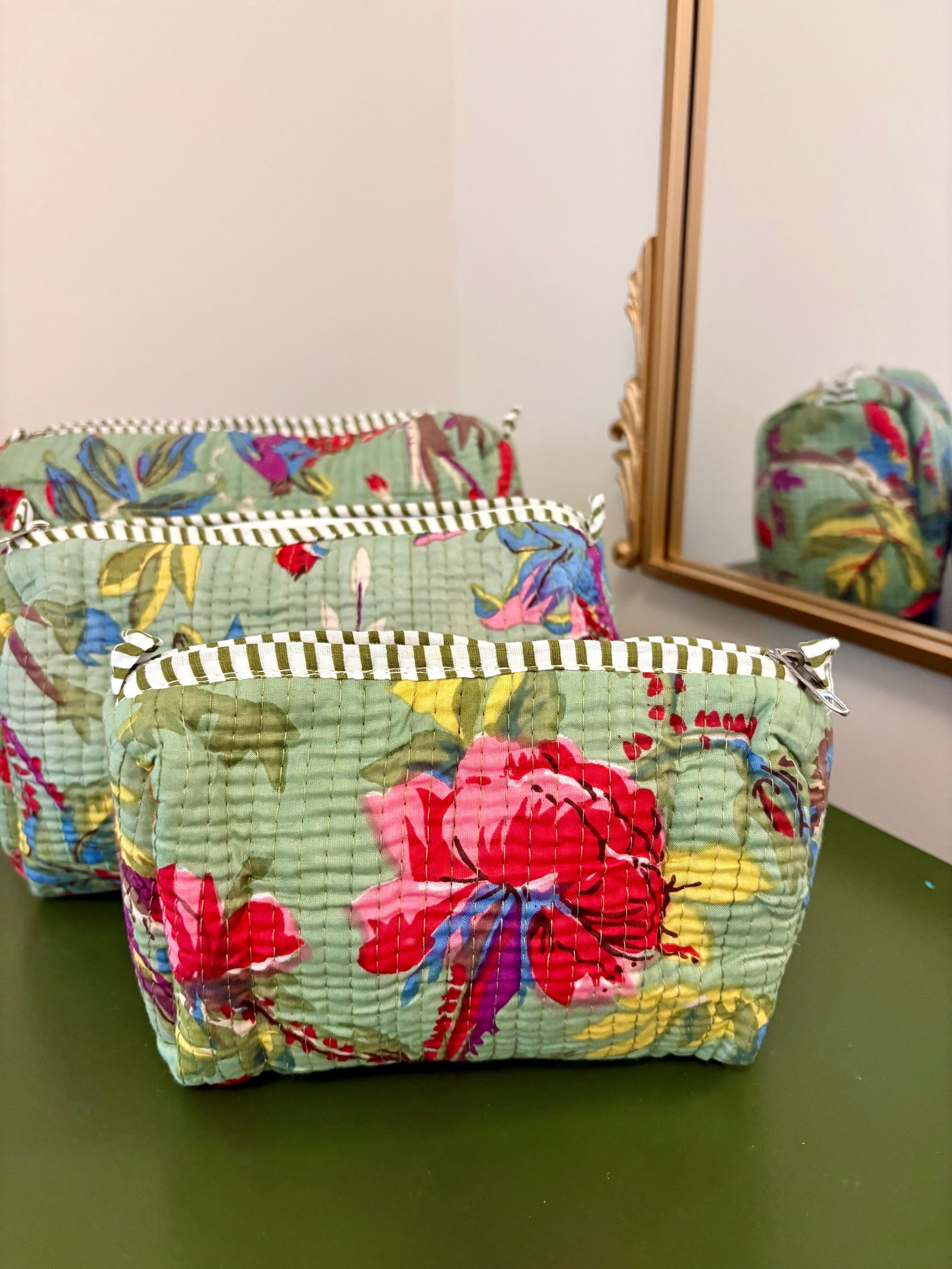 Quilted Green Floral Cosmetic Bags