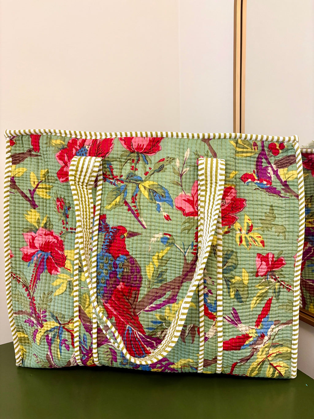 Quilted Green Floral Tote Bag