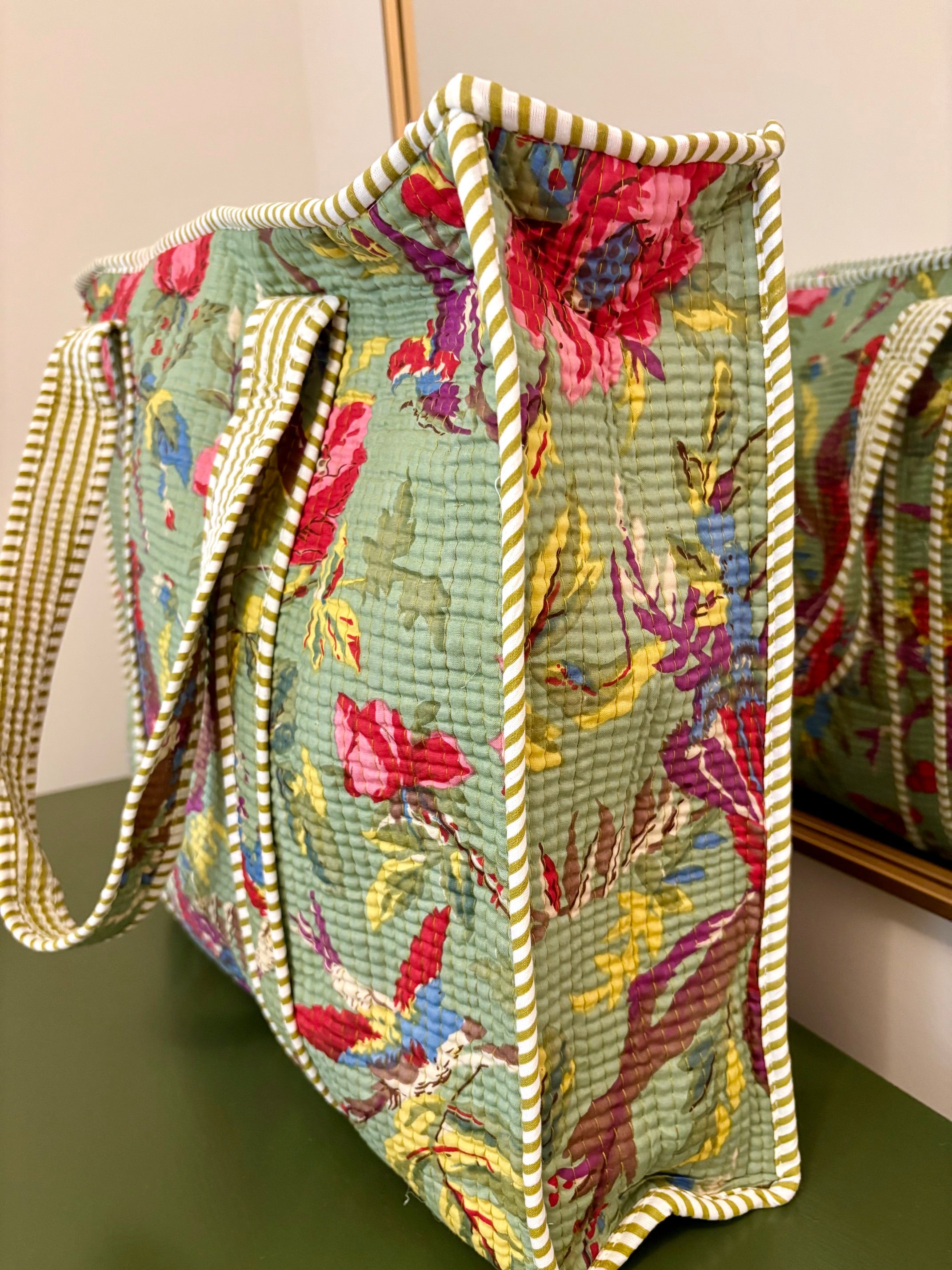 Quilted Green Floral Tote Bag
