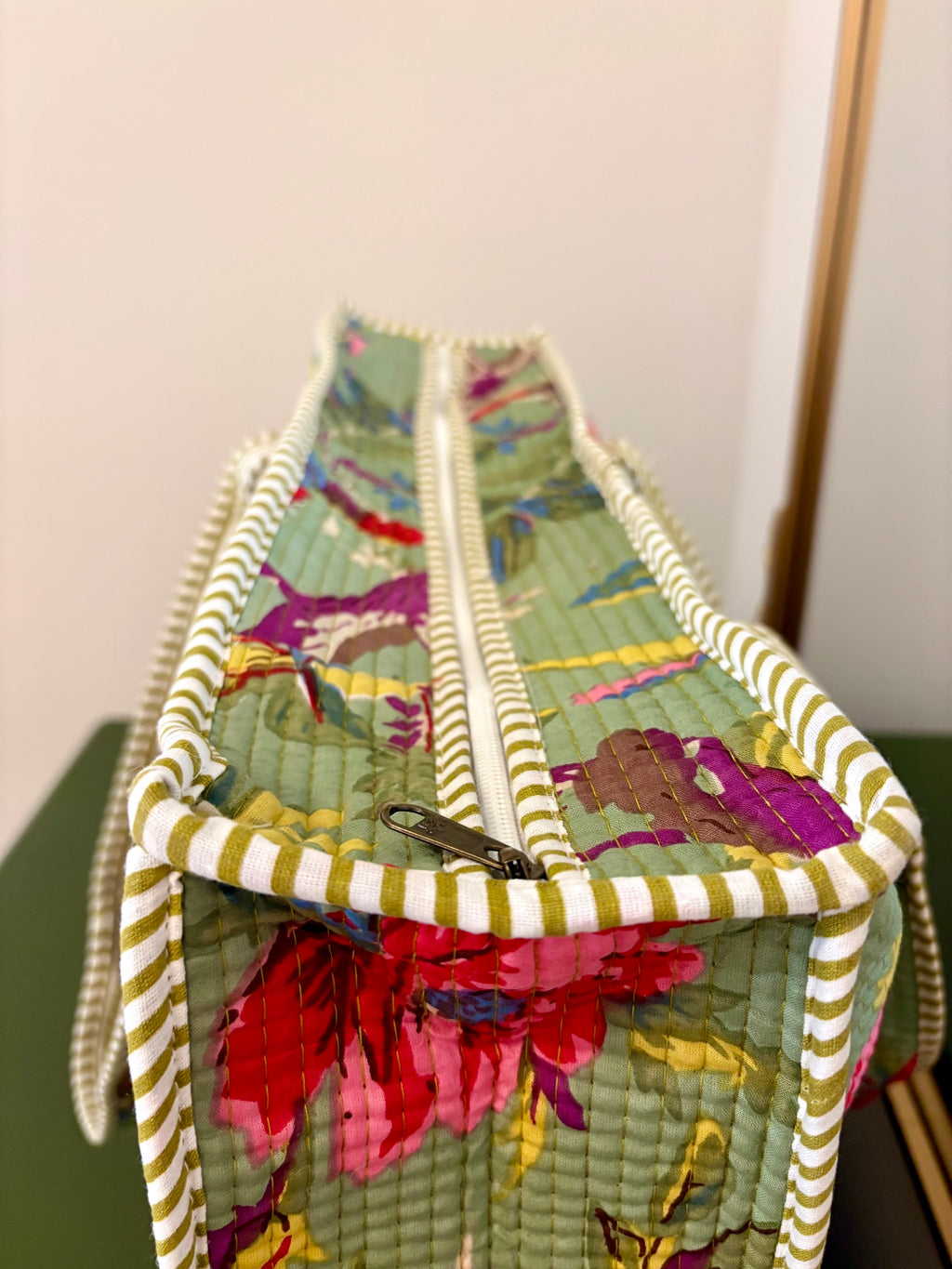 Quilted Green Floral Tote Bag