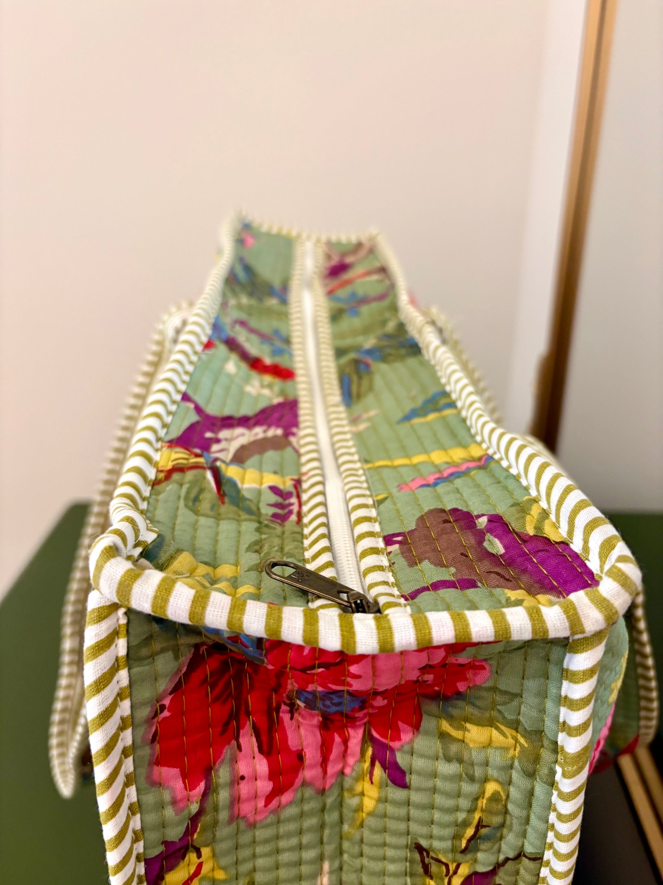 Quilted Green Floral Tote Bag
