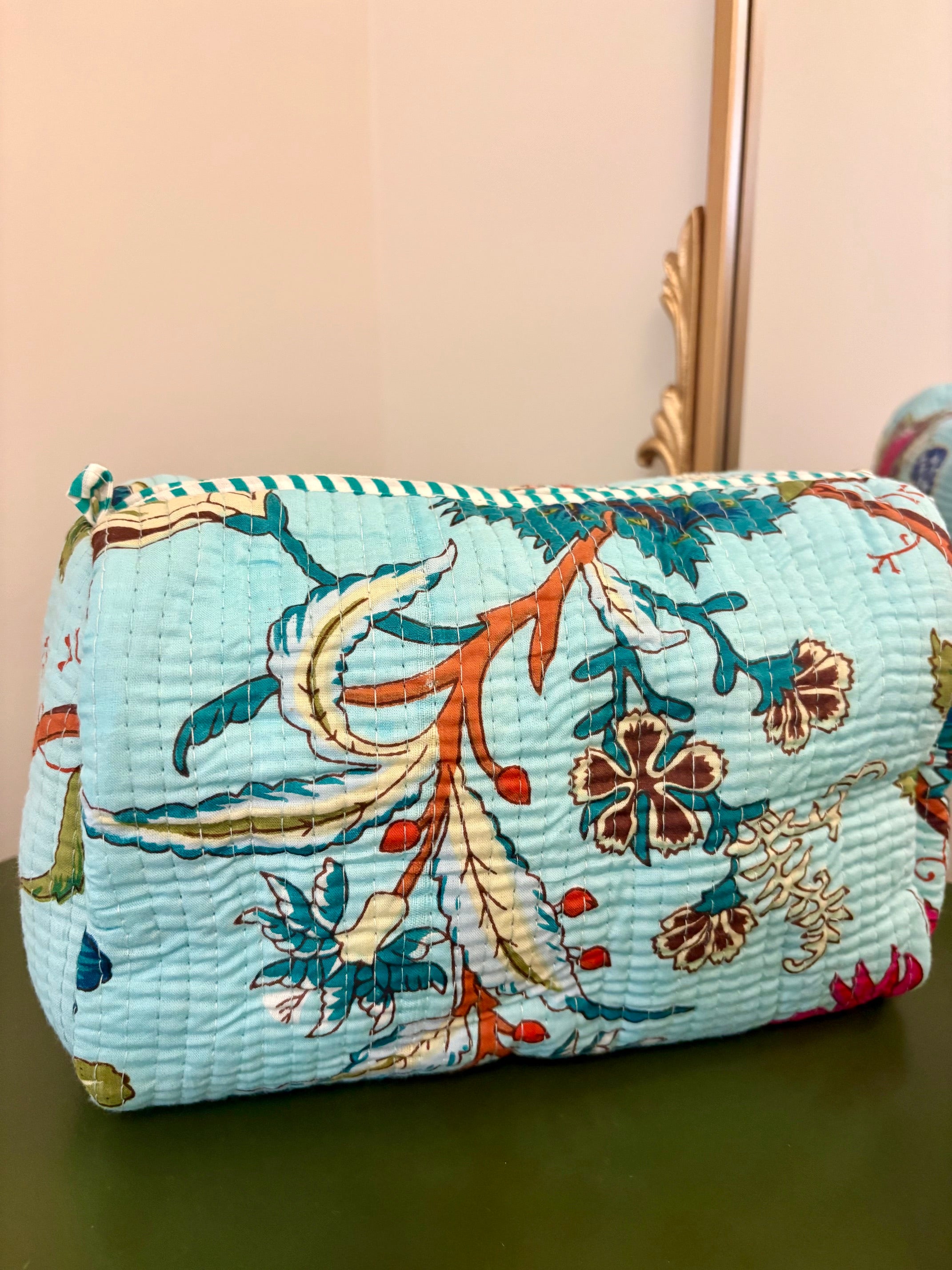 Quilted Mint Floral Cosmetic Bags