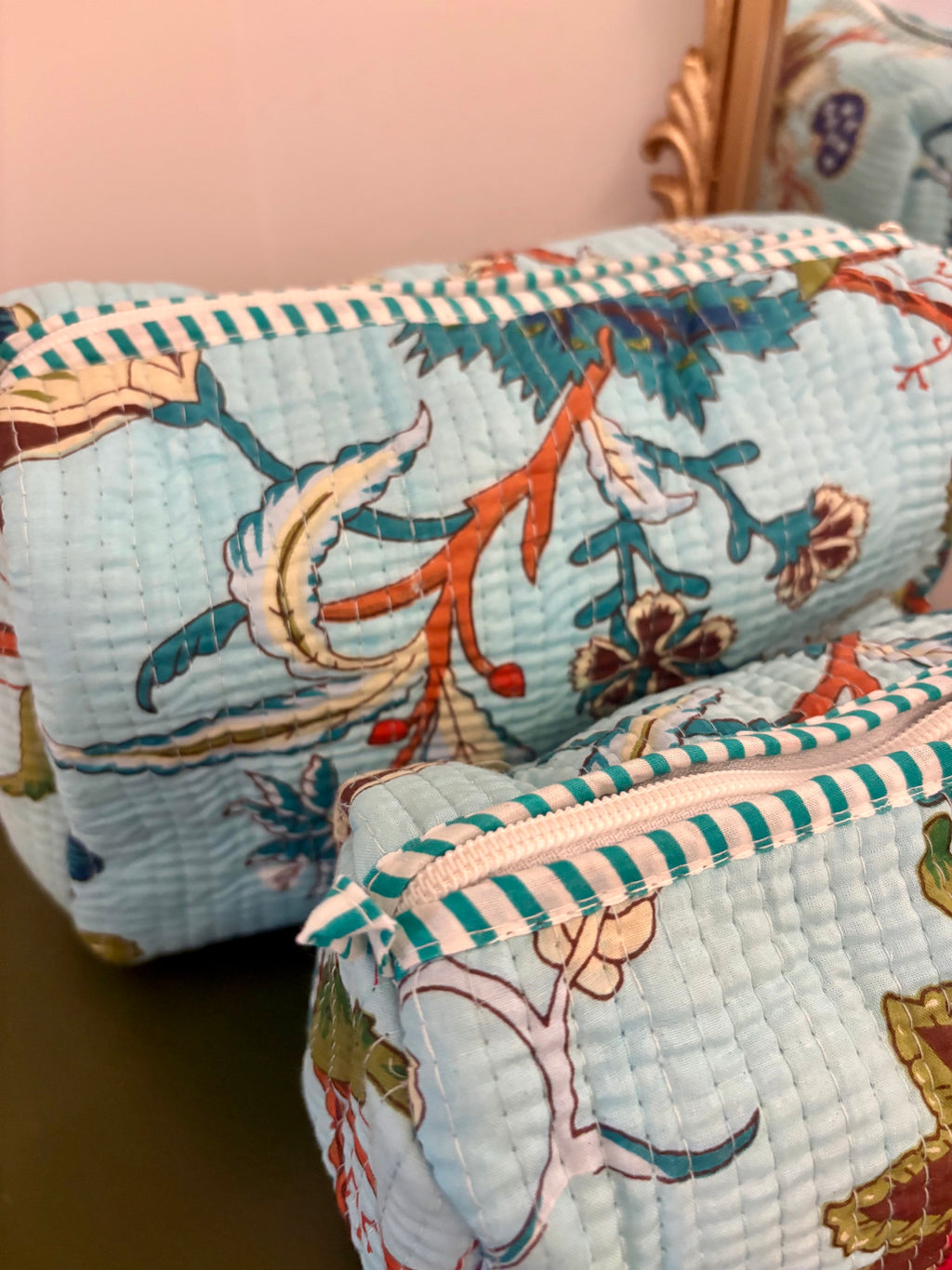 Quilted Mint Floral Cosmetic Bags