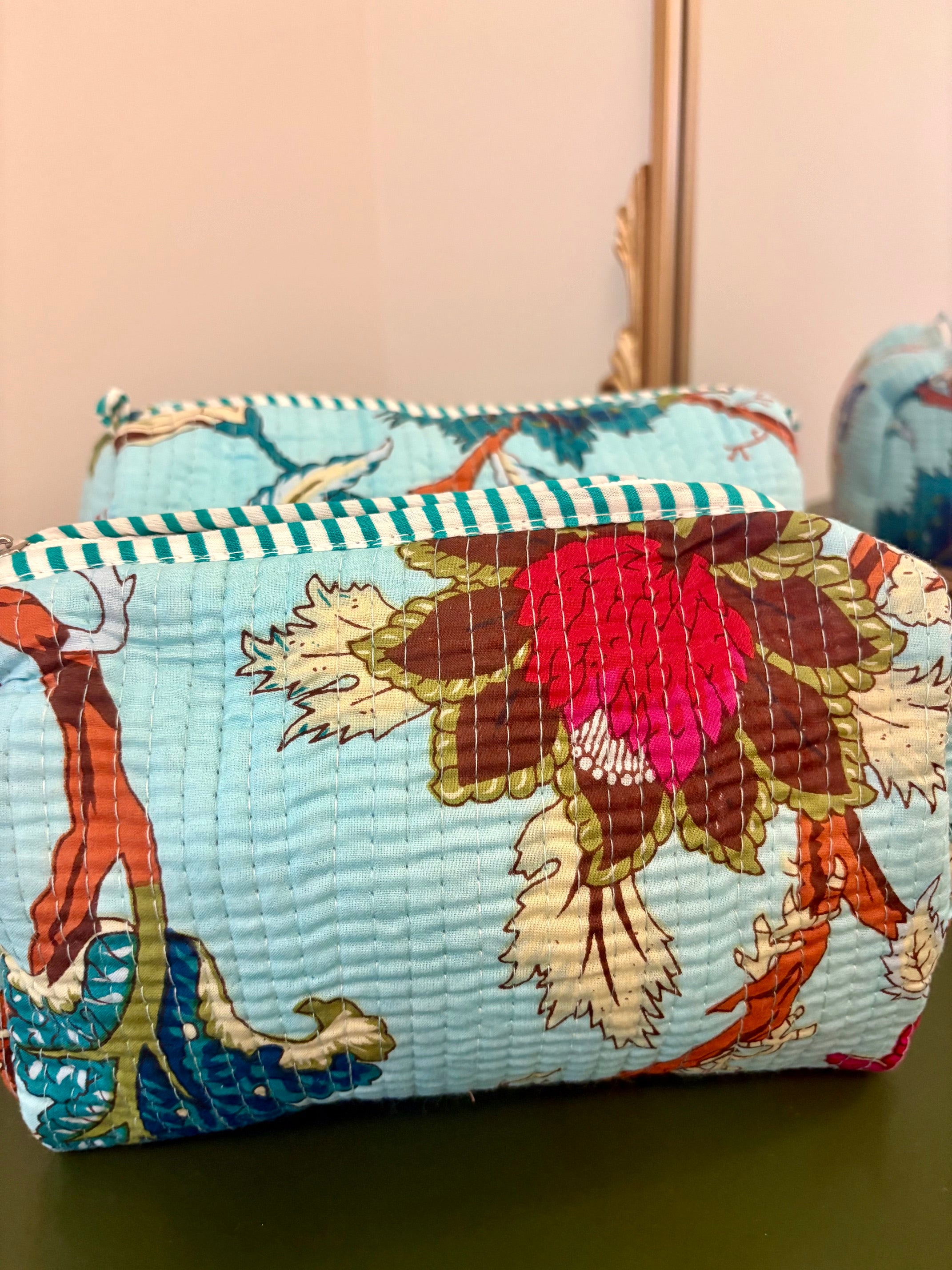 Quilted Mint Floral Cosmetic Bags