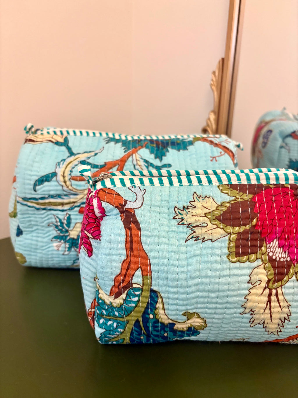 Quilted Mint Floral Cosmetic Bags