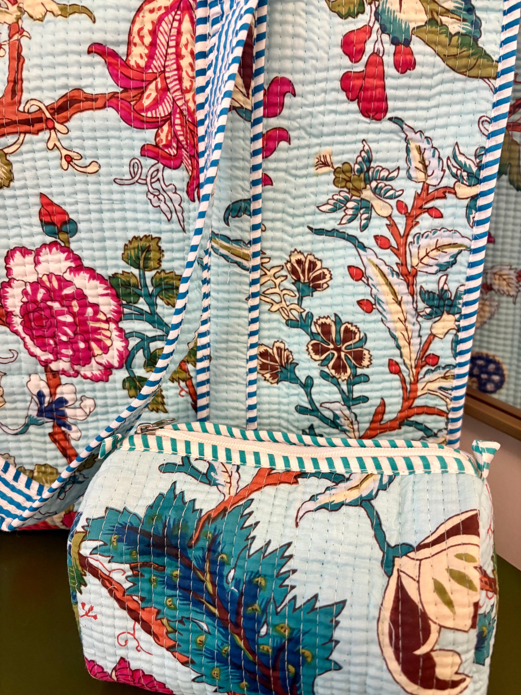 Quilted Mint Floral Cosmetic Bags