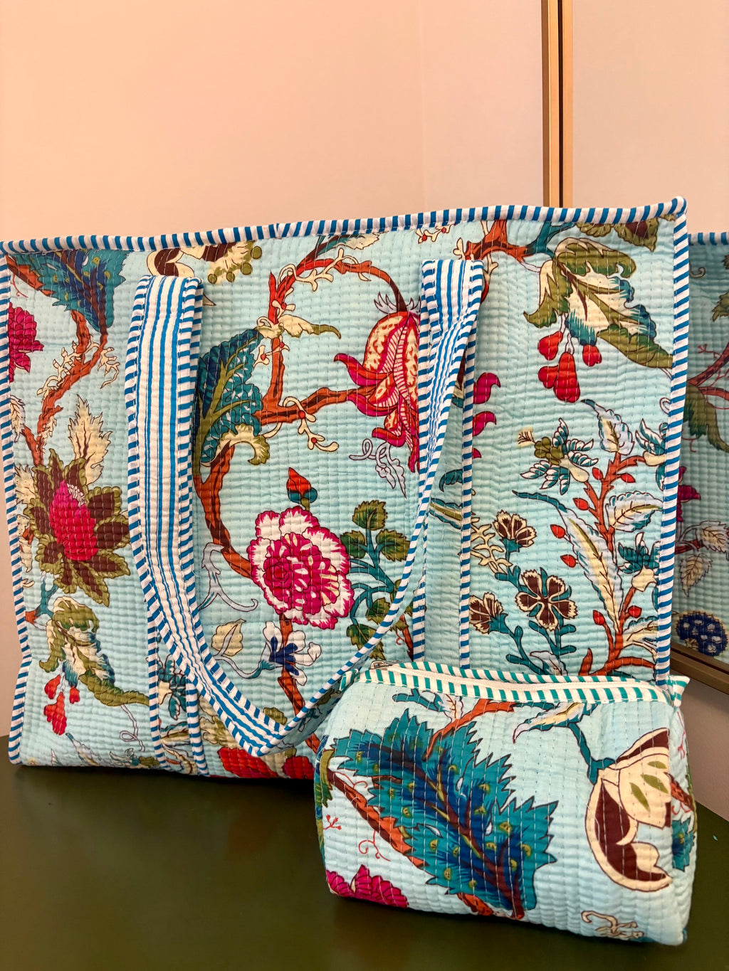 Quilted Mint Floral Tote Bag