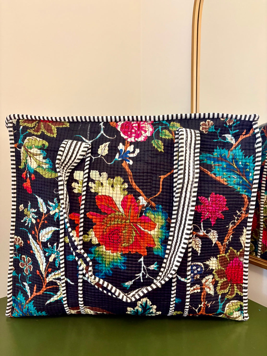 Quilted Black Floral Tote Bag
