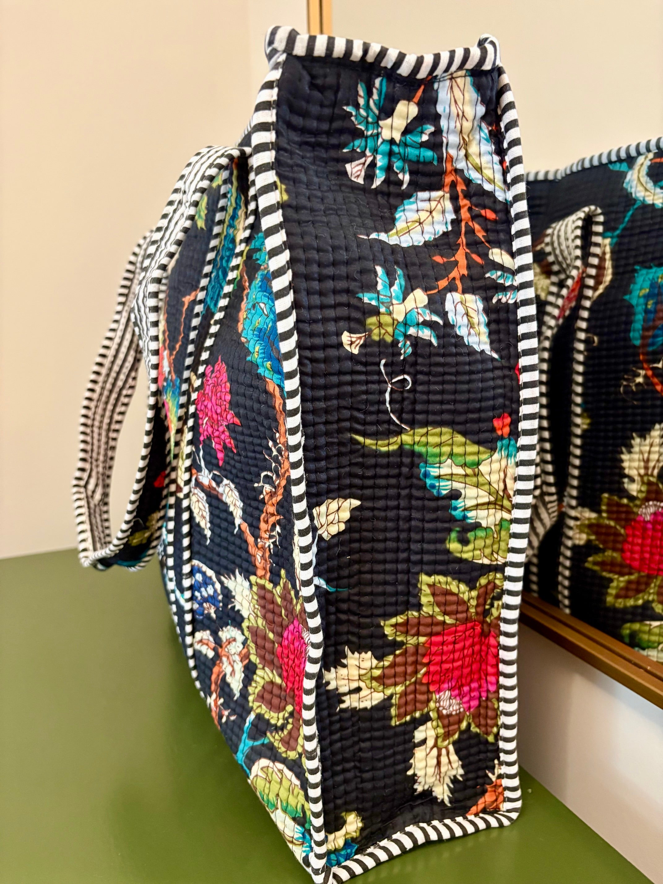 Quilted Black Floral Tote Bag
