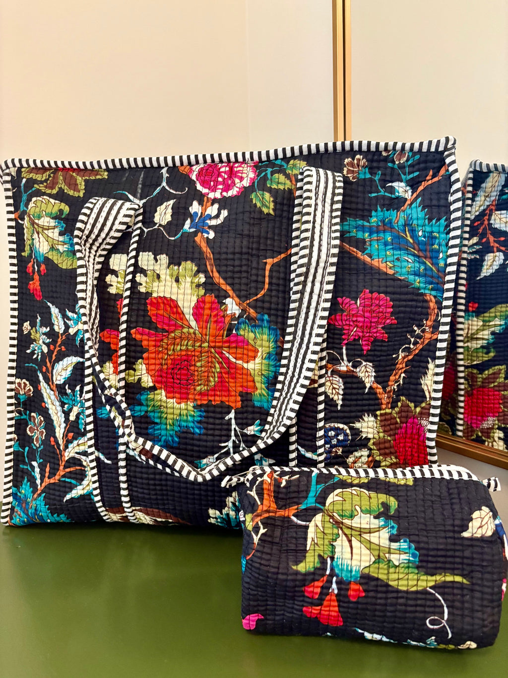 Quilted Black Floral Tote Bag
