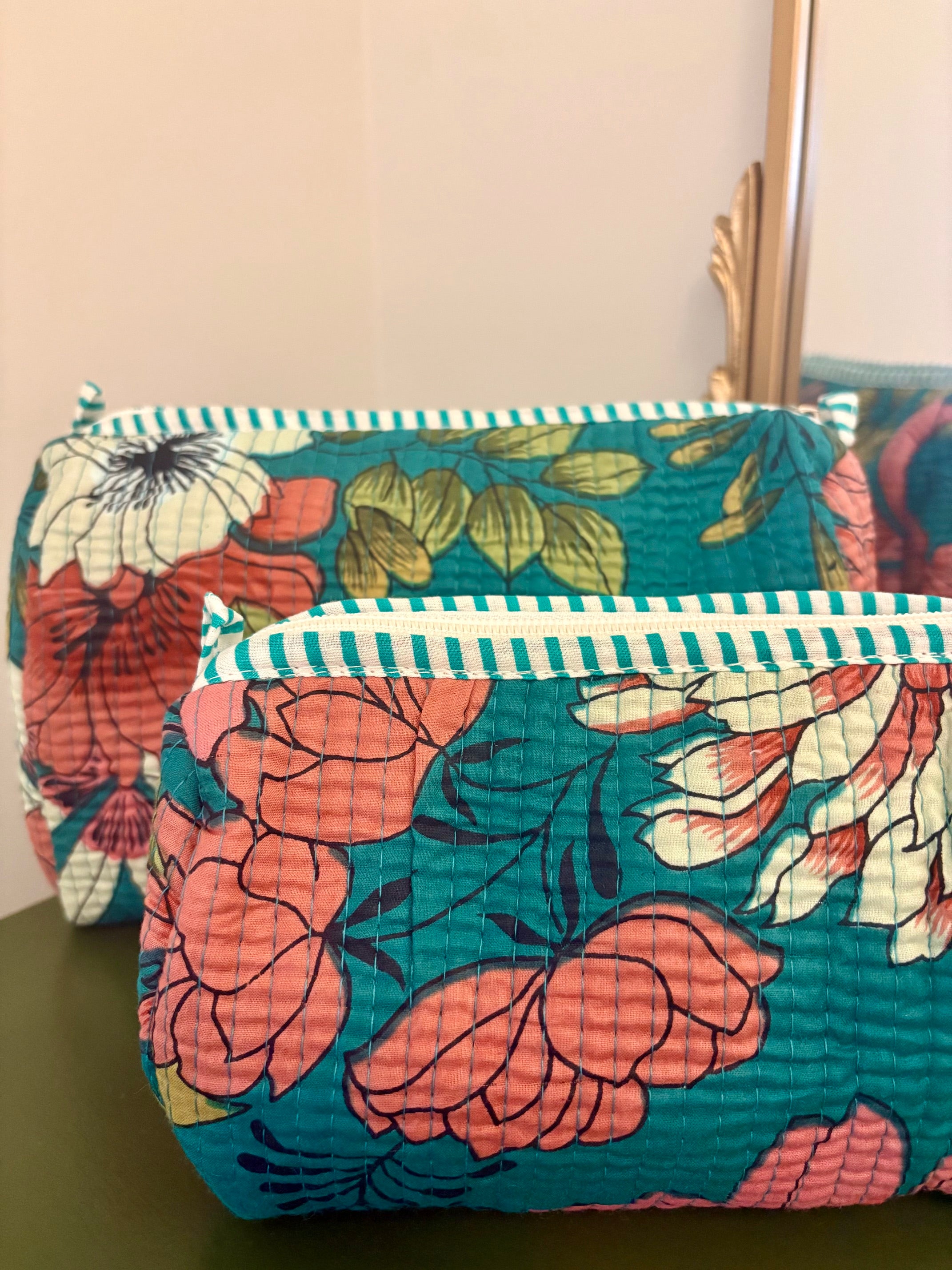 Quilted Teal Floral Cosmetic Bags