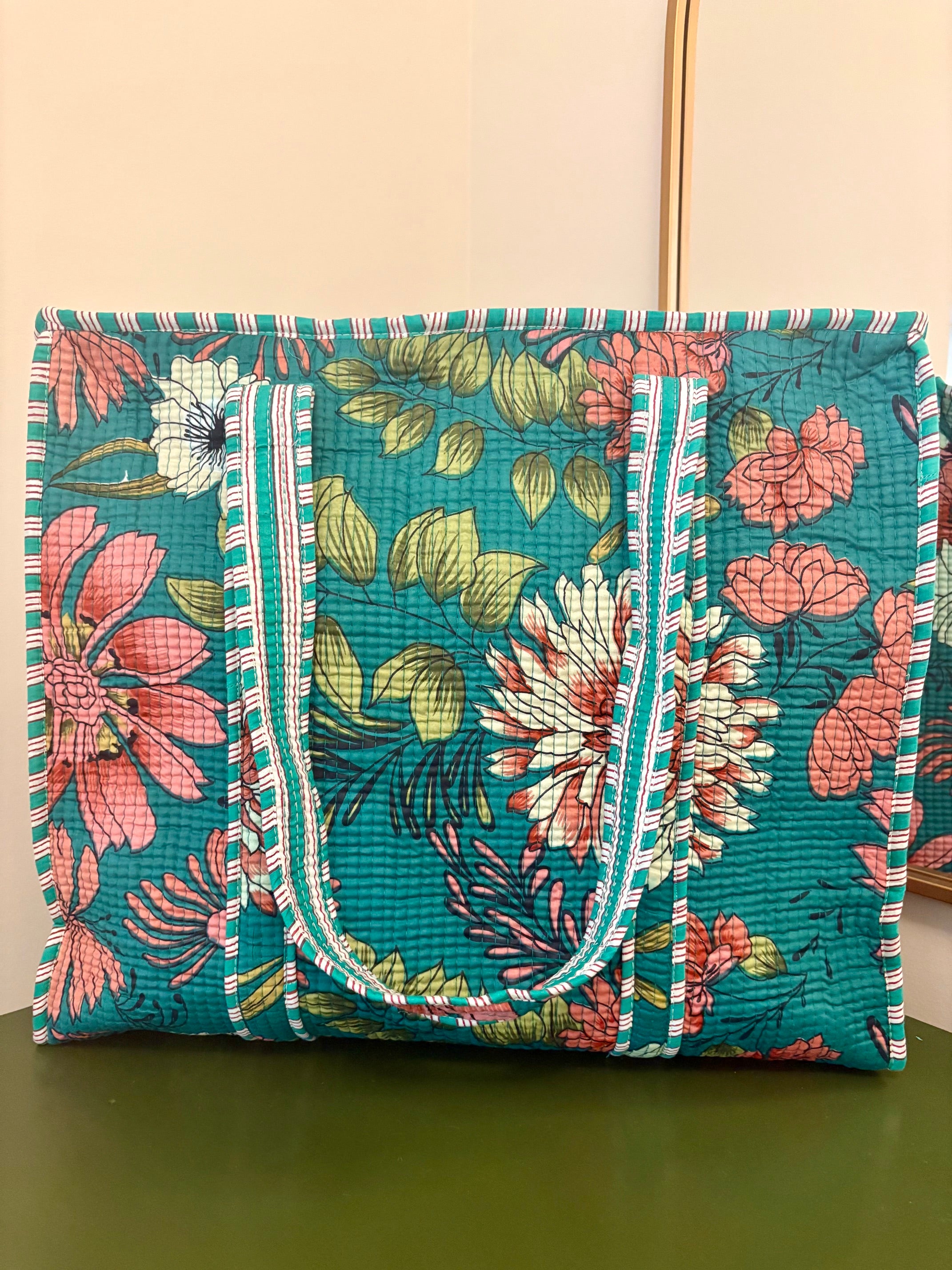 Quilted Teal Floral Tote Bag