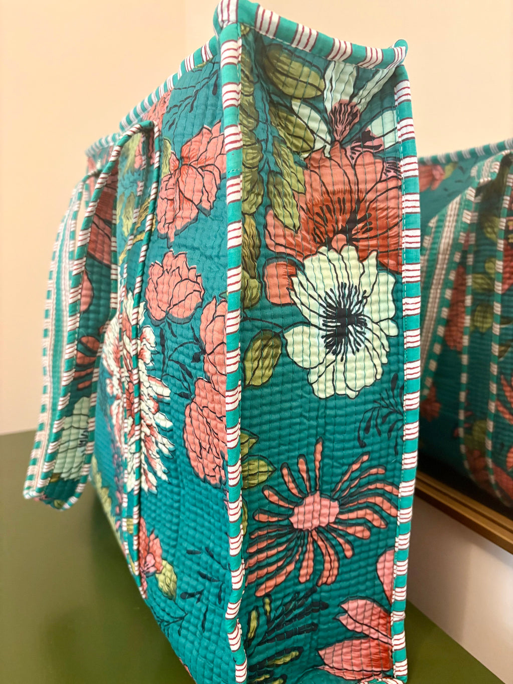 Quilted Teal Floral Tote Bag