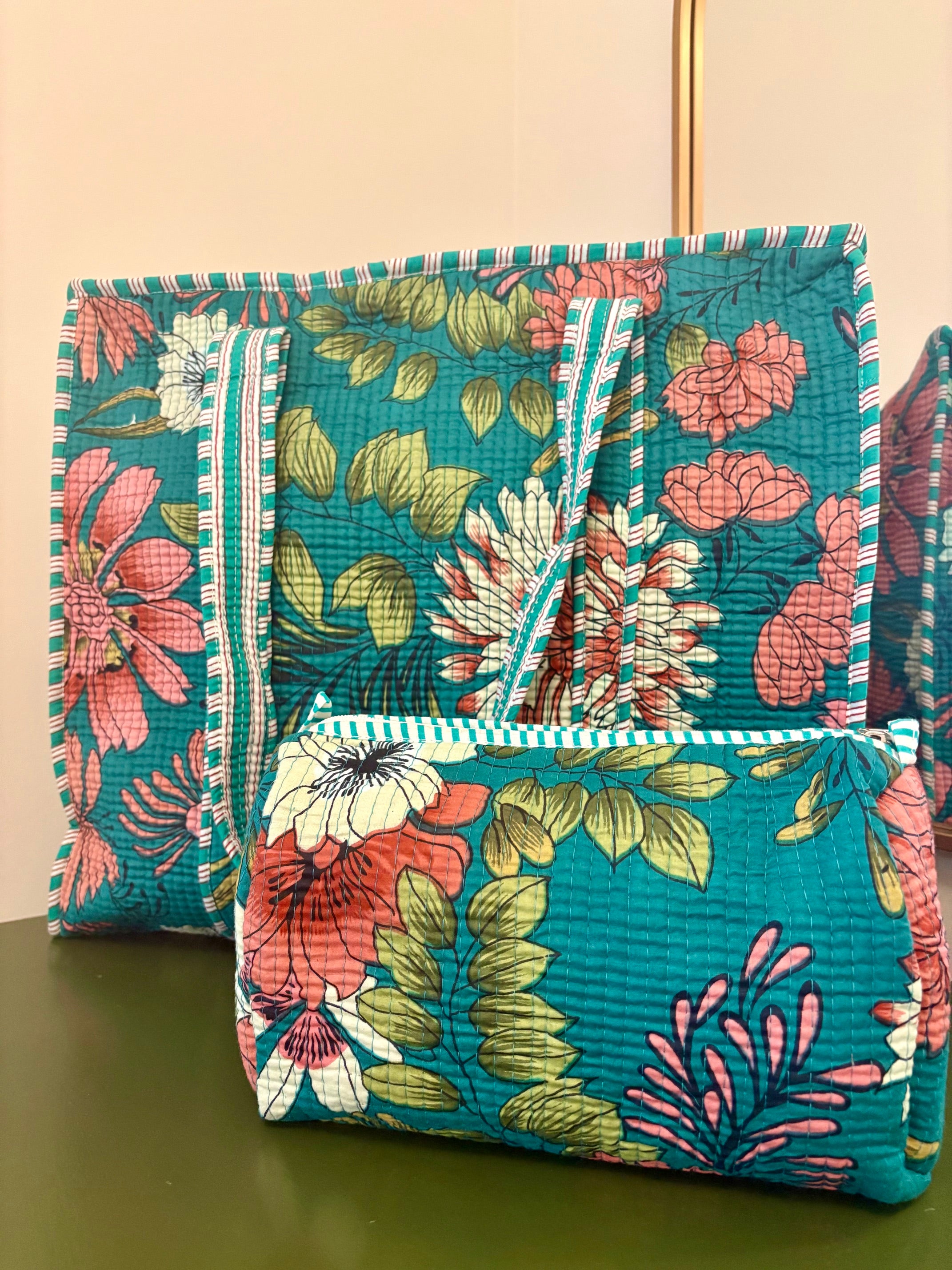 Quilted Teal Floral Tote Bag